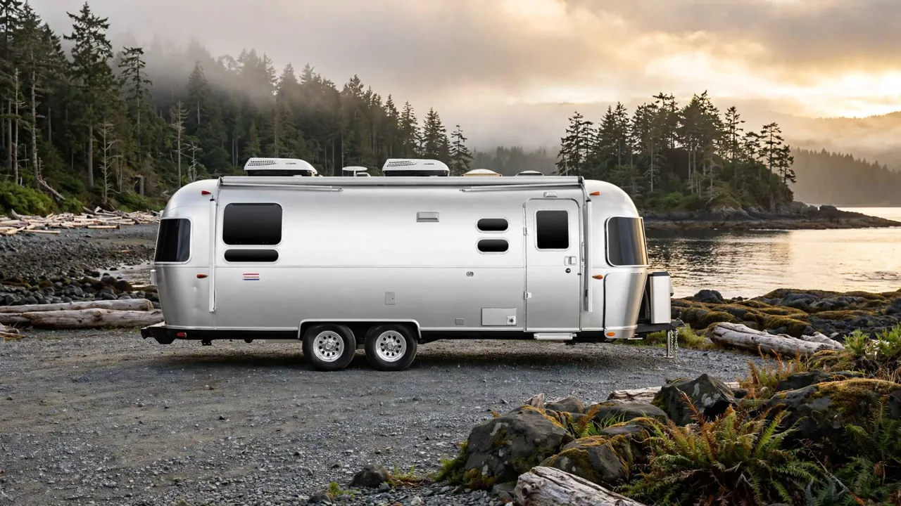 An Airstream travel trailer at golden hour